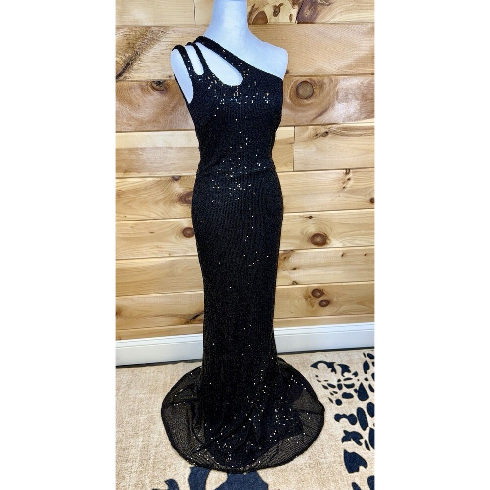 Ieena Mac Duggal black sequin strappy one-shoulder column gown Women’s 2 PROM!
